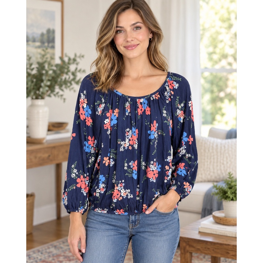 Michael Michael Kors Petite Small Navy Floral Peasant Blouse Boho Cottagecore
